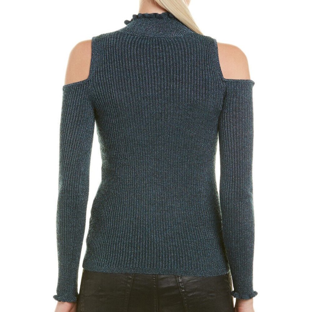 NEW REBECCA TAYLOR Open-Shoulder Metallic Ribbed Pullover Sweater in Blue size M - Picture 2 of 4